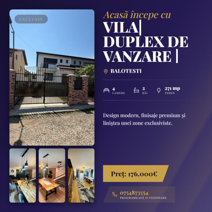 Vila| Duplex de vanzare | Balotesti | cu etaj si mansarda mobilata lux