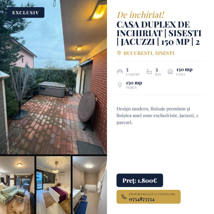 Casa duplex de inchiriat | Sisesti | jacuzzi | 150 mp | 2 parcari